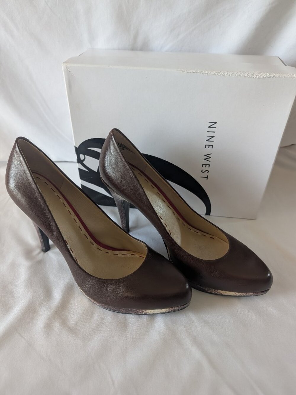 Nine West ROCHA Brown Leather Heels – Size 9 – 4” Heel – Snakeskin Trim